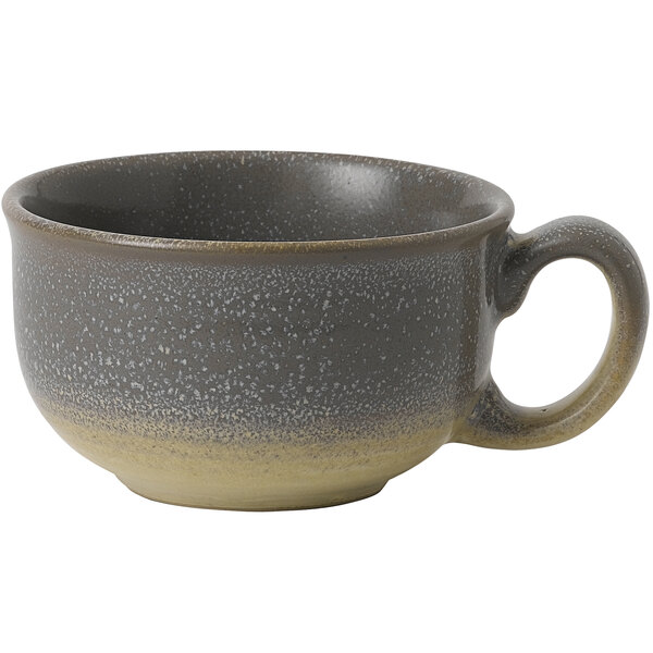 A grey and white speckled Dudson Evo stoneware tea cup with a handle.