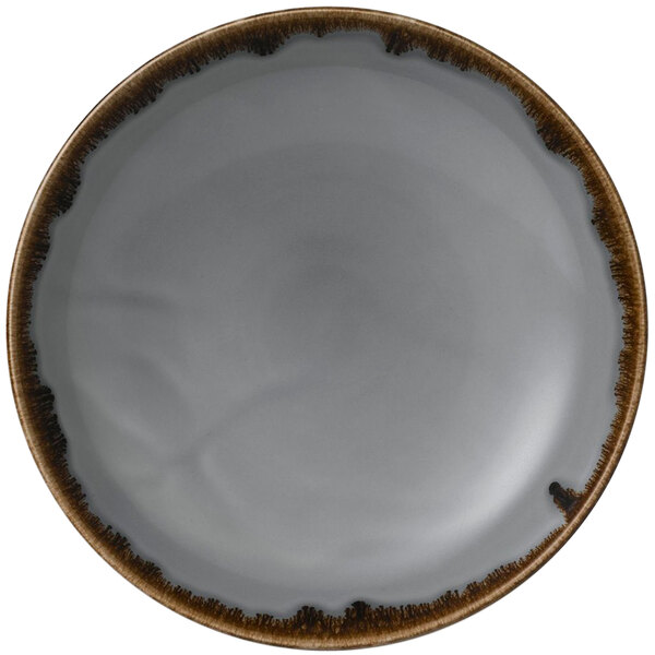 A grey Dudson china bowl with a brown rim.