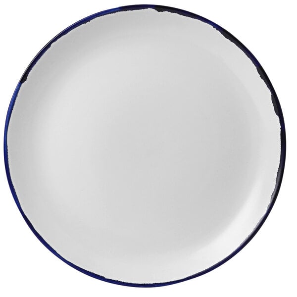 A white Dudson Harvest china plate with a blue rim.