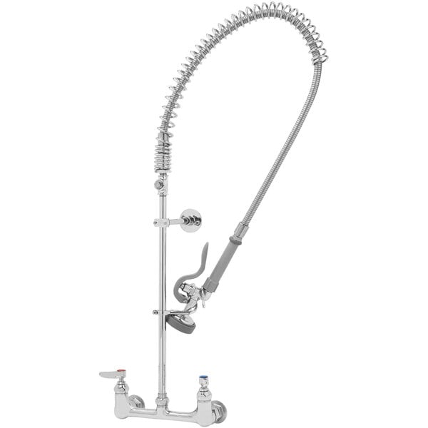 A chrome T&S pre-rinse faucet with a hose.