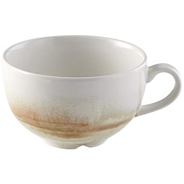 A white Dudson Maker's Finca cappuccino cup with brown paint.