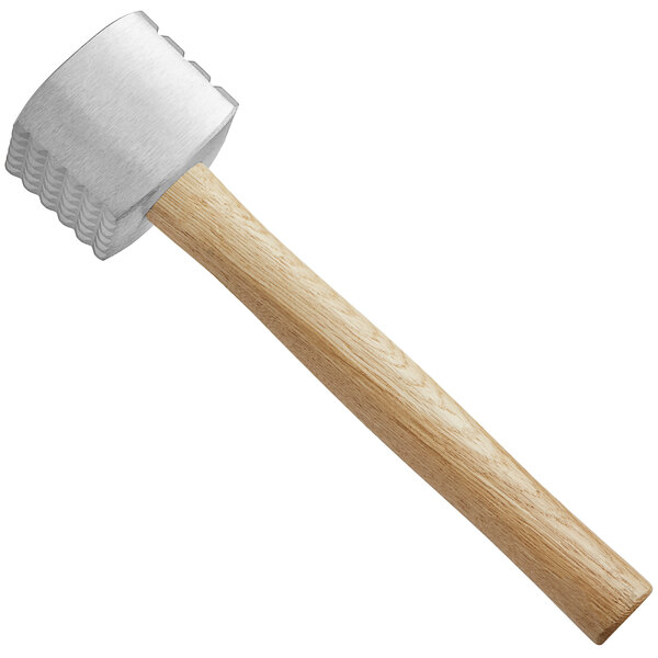 A Choice aluminum meat tenderizer with a wood handle.