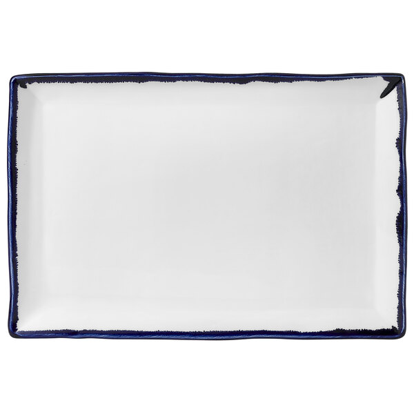 A white rectangular Dudson china platter with blue trim.