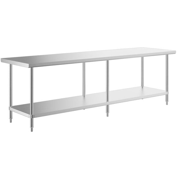 A long stainless steel work table with an undershelf.