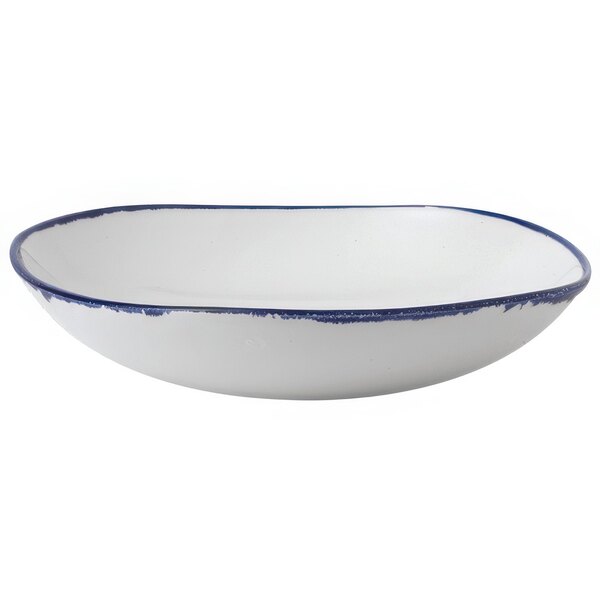 A white Dudson china bowl with blue trim.