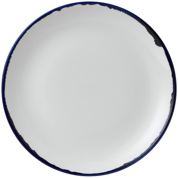 A white Dudson Harvest china plate with a black and blue circle around the rim.