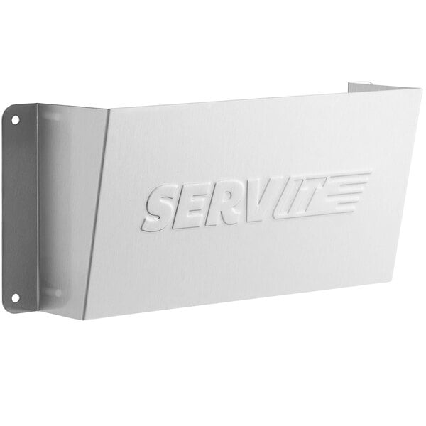 A white metal rectangular holder with the word "ServIt" on it.