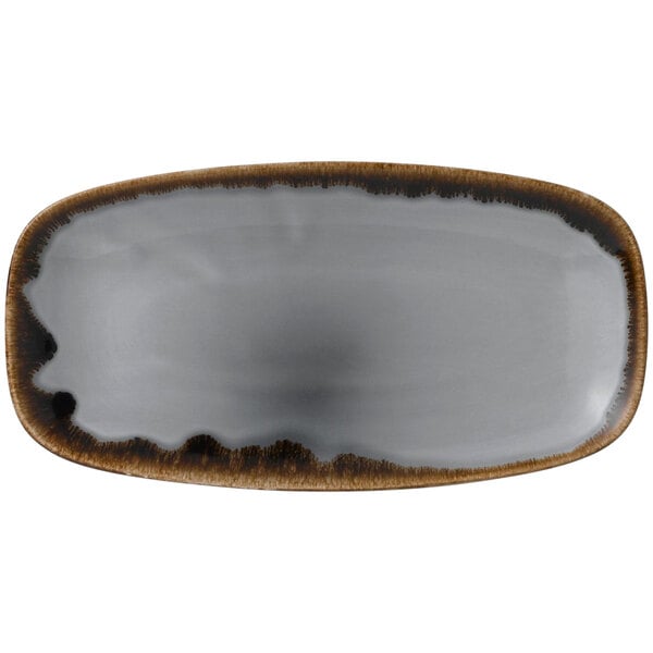 A white china rectangular tray with a brown and gray rim.