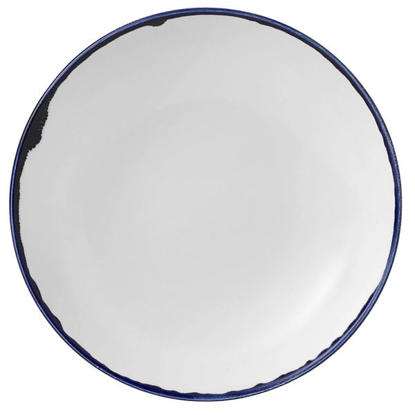 A white coupe bowl with a blue rim.