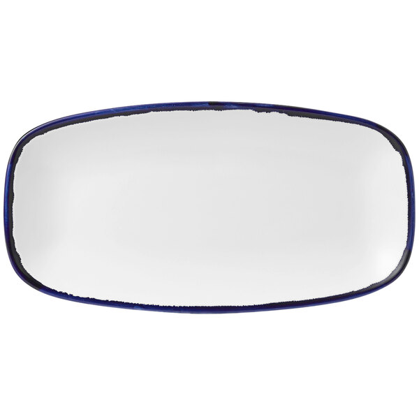 A white china tray with a blue rim.