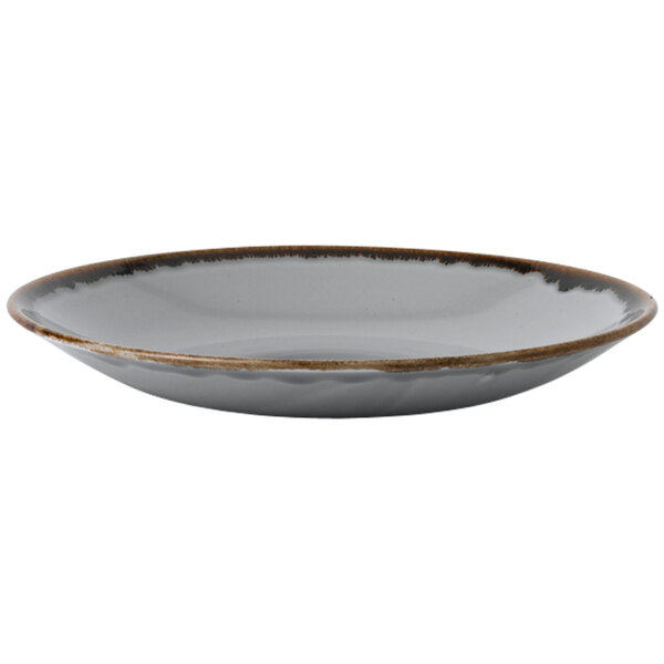 A Dudson Harvest grey and brown deep coupe plate with a rim.