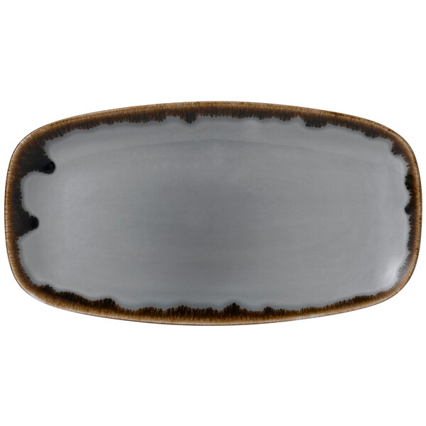 A white rectangular china tray with brown edges.