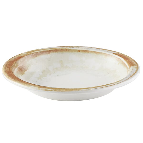 A white Dudson Maker's Finca china bowl with a brown rim.
