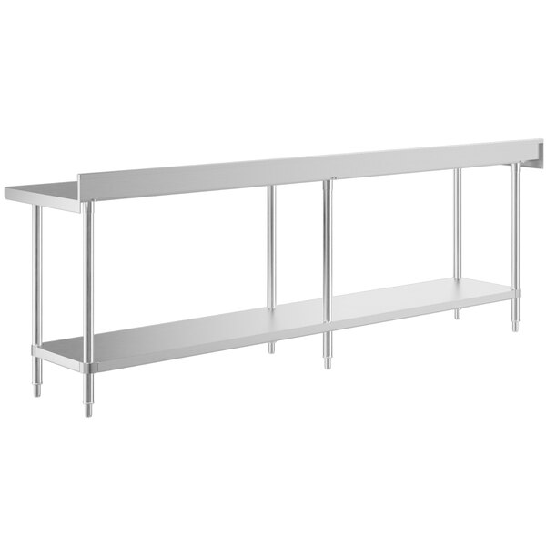 A Regency stainless steel work table with undershelf and backsplash.