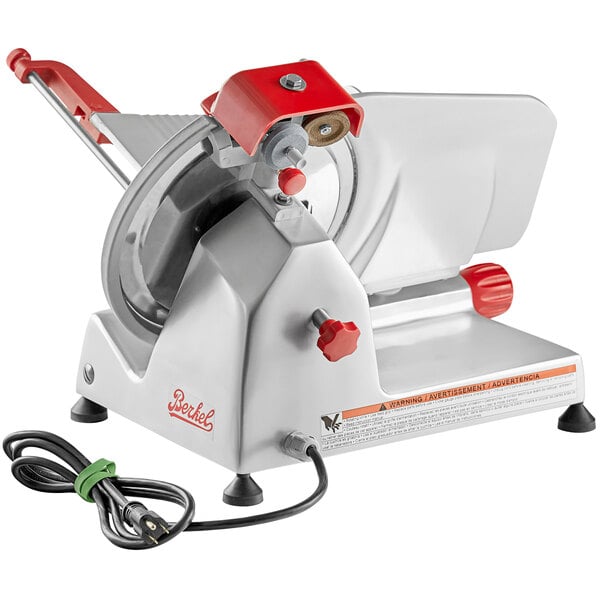 A Berkel medium-duty meat slicer with a red handle.