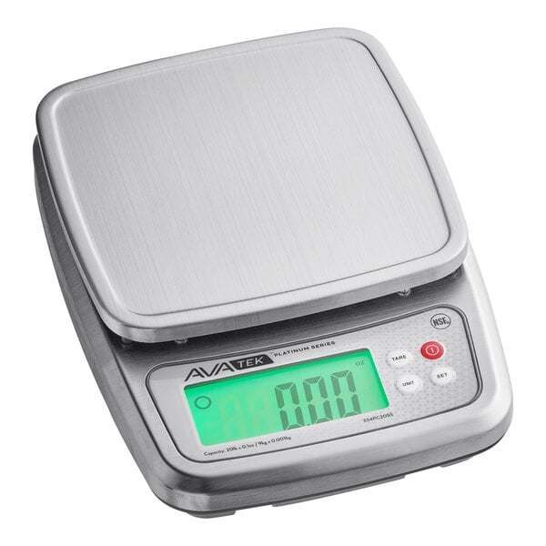 A stainless steel digital portion control scale with a large display and flat weighing surface.