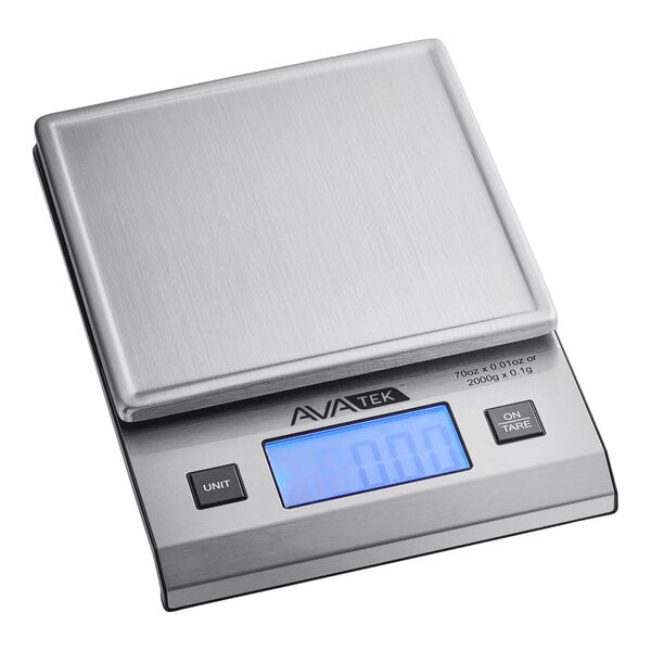 A stainless steel digital portion control scale with a blue backlit display and control buttons.