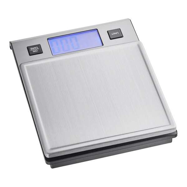 A slim digital portion control scale with a stainless steel platform and an LCD display.