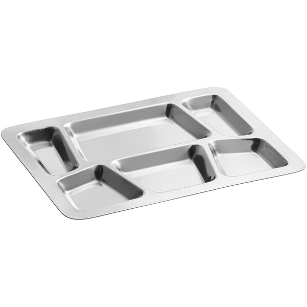Choice 15 1/2 x 11 1/2 Ambidextrous Stainless Steel Rectangular 6  Compartment Tray with Circle Center - 12/Pack