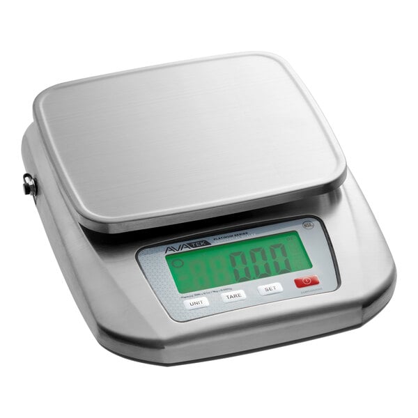 A stainless steel digital portion control scale with an extra large platform and a digital display.