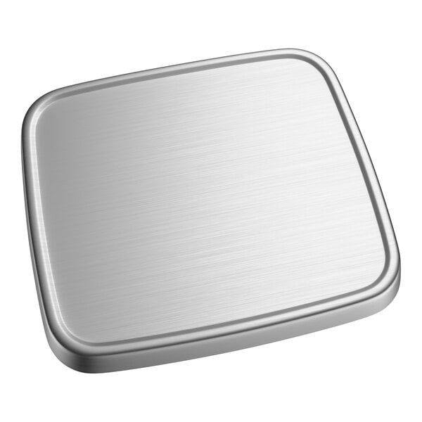 A square brushed metal platform with rounded edges.
