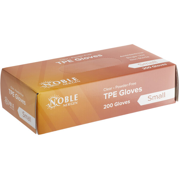 A box of Noble NexGen disposable TPE gloves for small hands on a counter.