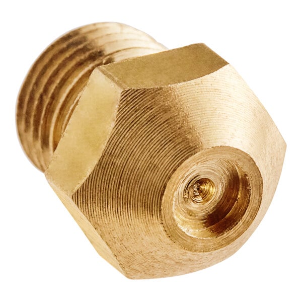 A brass threaded nut for an Avantco gas fryer orifice.