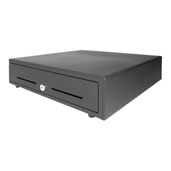 A Custom America black cash drawer with a lock.