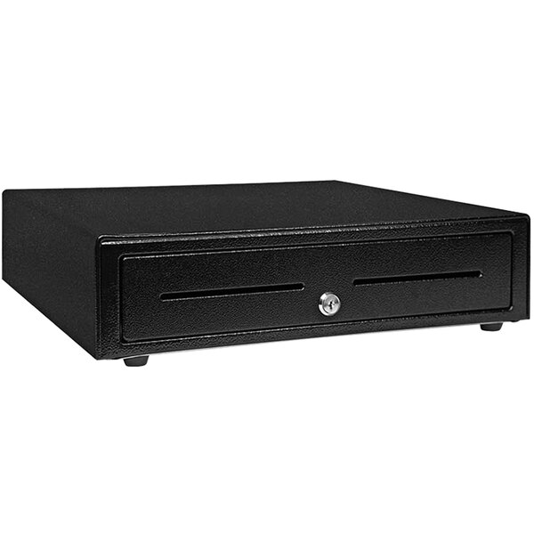 A Star black printer driven cash drawer with a key lock.