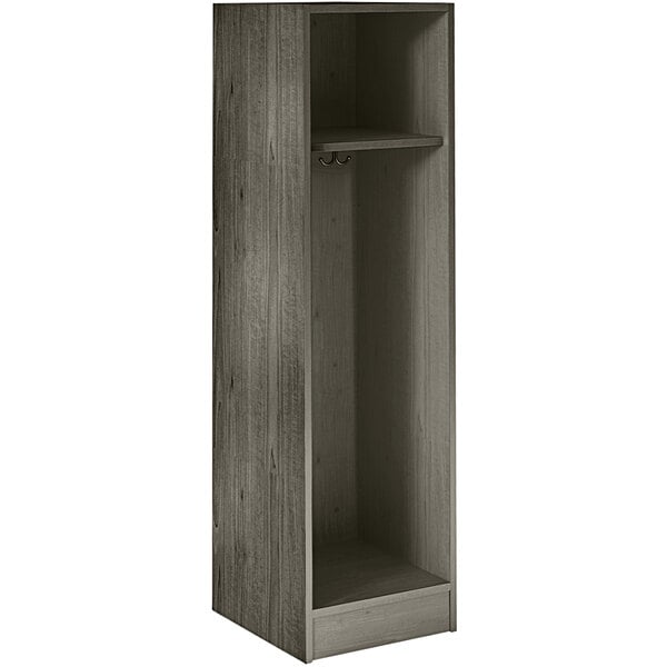 A dark elm I.D. Systems single storage locker with shelves.