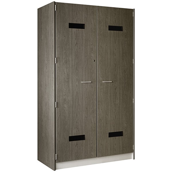 A dark elm I.D. Systems storage locker with two doors.
