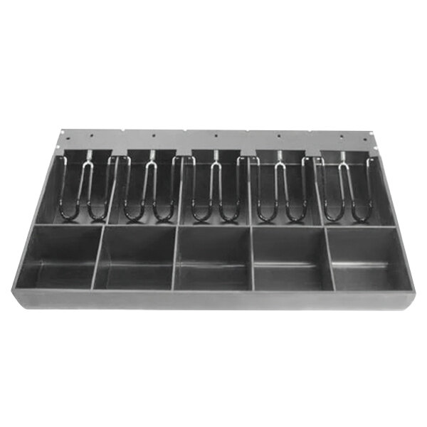 A black metal cash tray with five slots.