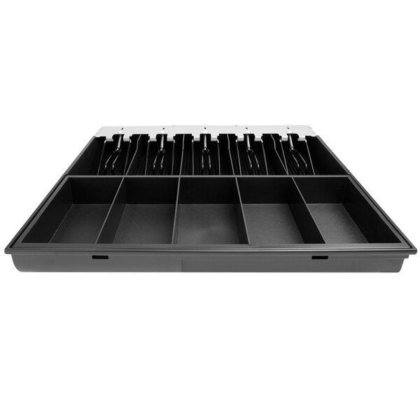 A black rectangular till tray with five compartments for money.