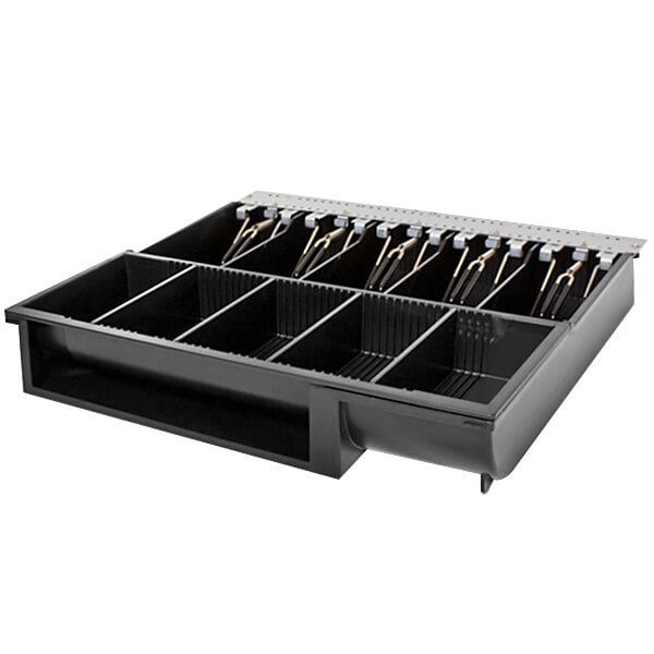 A black plastic till with many compartments inside a black cash drawer.