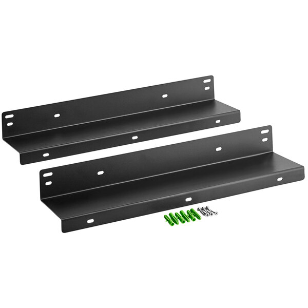 Two black metal brackets with green screws used to mount a black rectangular CD4 cash drawer under a counter.