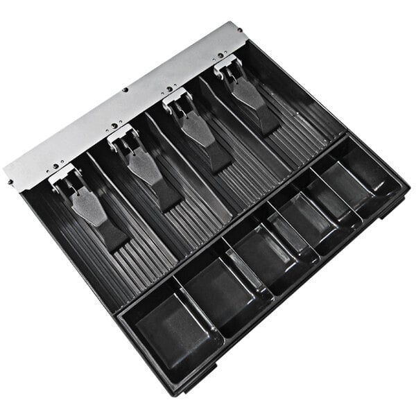 A black metal till with four compartments.