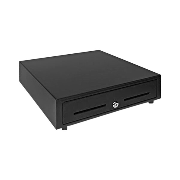 A black rectangular Star cash drawer with a key slot.