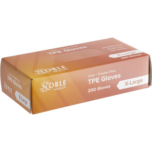 A box of 20 Noble NexGen TPE gloves for foodservice on a kitchen counter.
