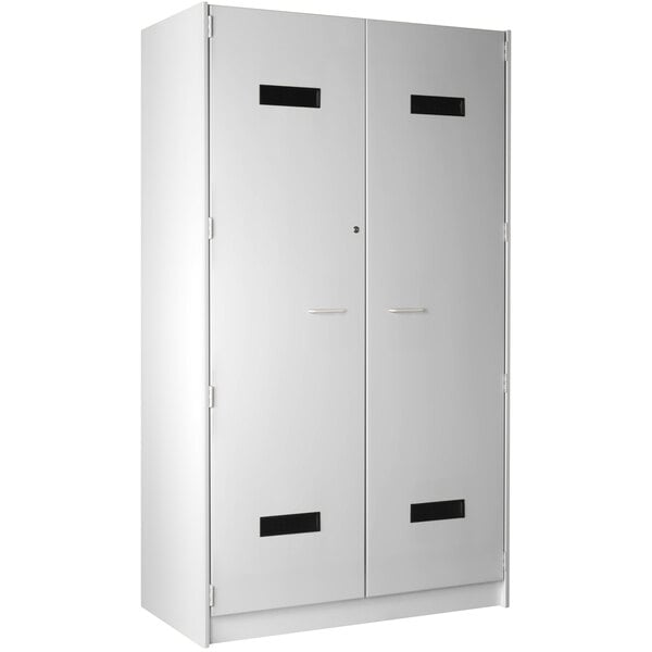 A fashion grey metal locker with silver handles.