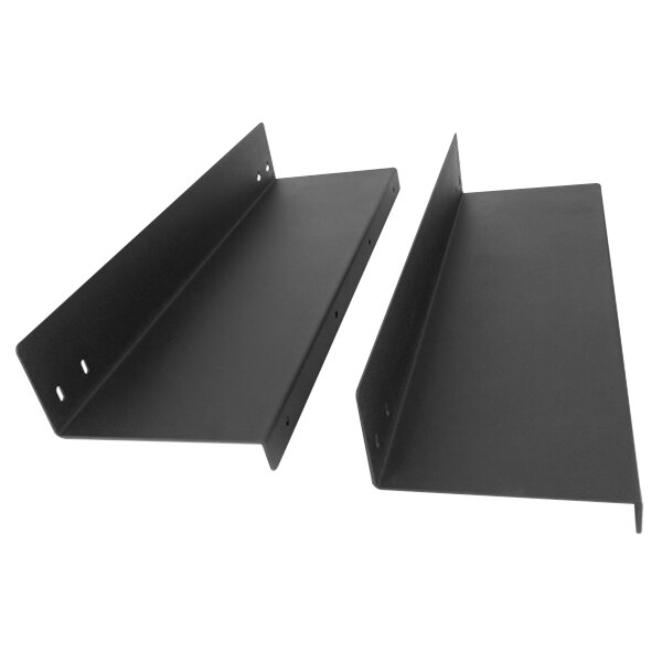 A pair of black metal shelves with screws on each side.