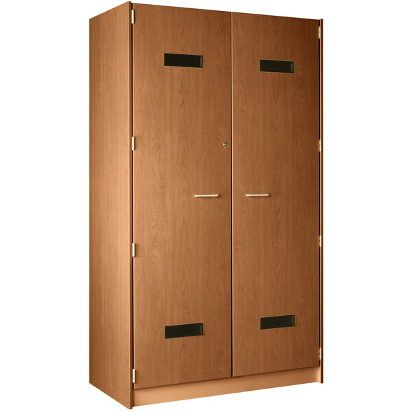 a wooden cabinet with silver handles