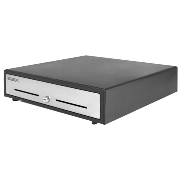 A black rectangular POS-X stainless steel cash drawer with a silver drawer.
