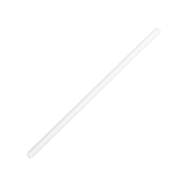A single clear, straight, cylindrical straw with a hollow center, shown on a white background.
