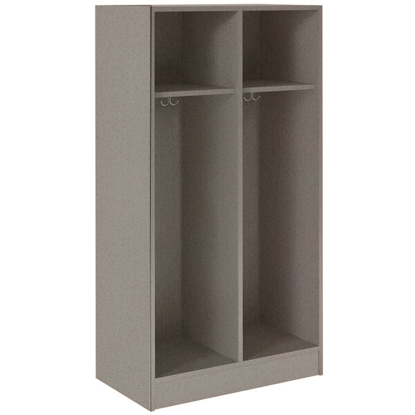 A grey I.D. Systems double storage locker with two shelves.