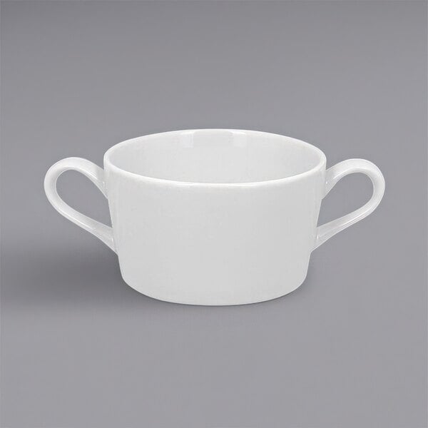 A RAK Porcelain white china soup bowl with two white handles.