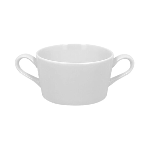 A bright white porcelain soup bowl with two handles.