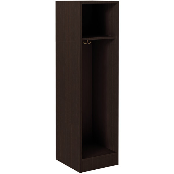 A dark wood I.D. Systems single storage locker with a shelf.