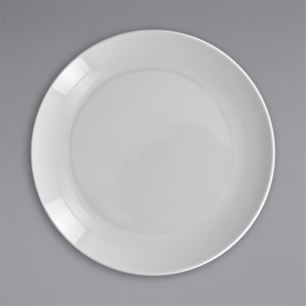 A close up of a white RAK Porcelain coupe plate.