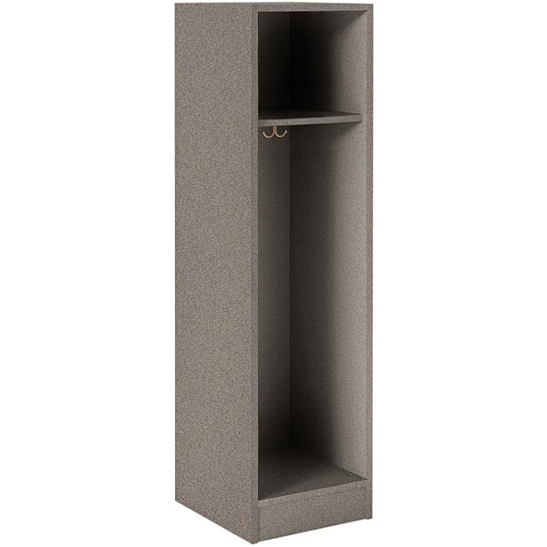 A grey metal I.D. Systems single storage locker with a shelf.
