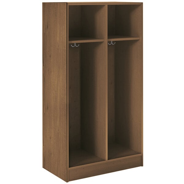 A dark walnut wooden locker with two doors and three shelves.